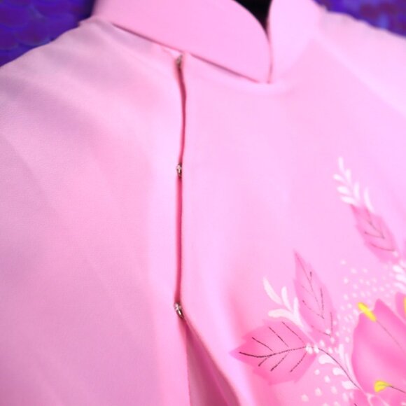 VINTAGE ASIAN LOUNGE SET L Floral Pink Pants PJs Sleepwear Pastel 70s Snaps - Picture 7 of 10